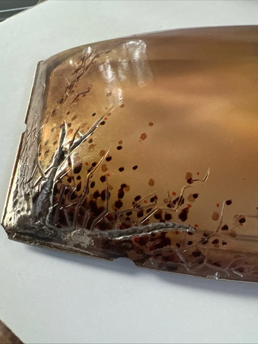 Vintage Amber Cast Resin Lidded Box Gold Fleck Metallic Tree Branch 11” Decor **